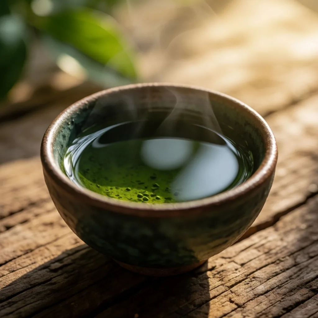 Green tea in dark ceramic cup