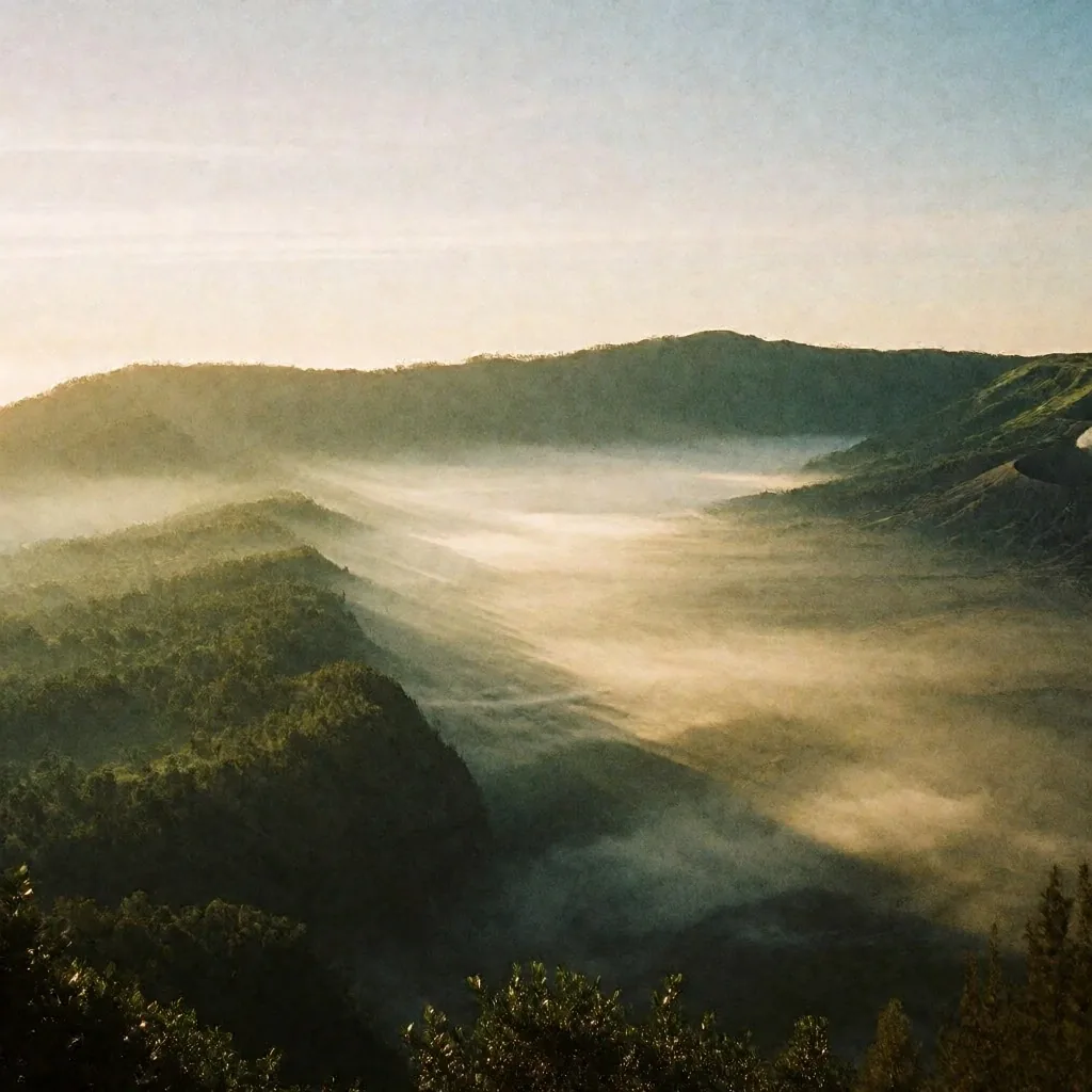 Indonesian mountain sunrise over misty highlands