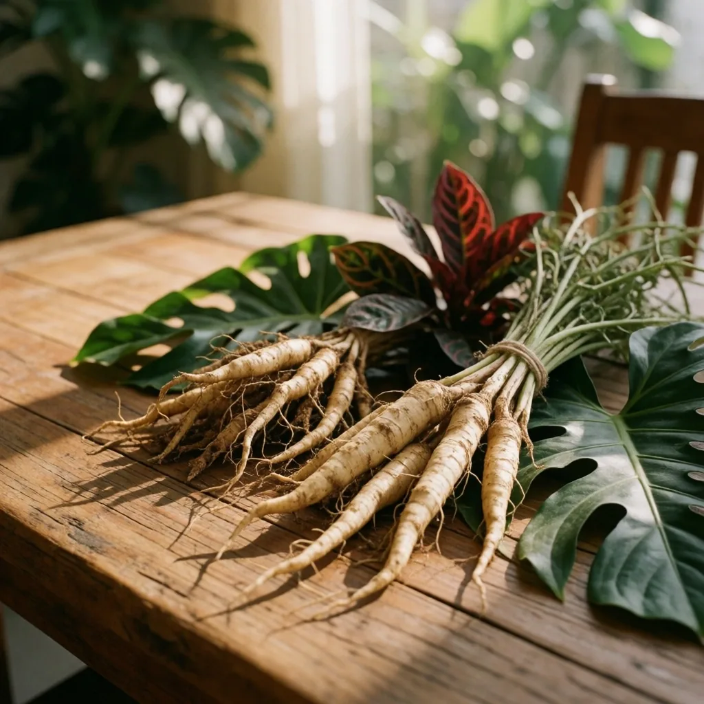 Indonesian botanical leaves in morning light