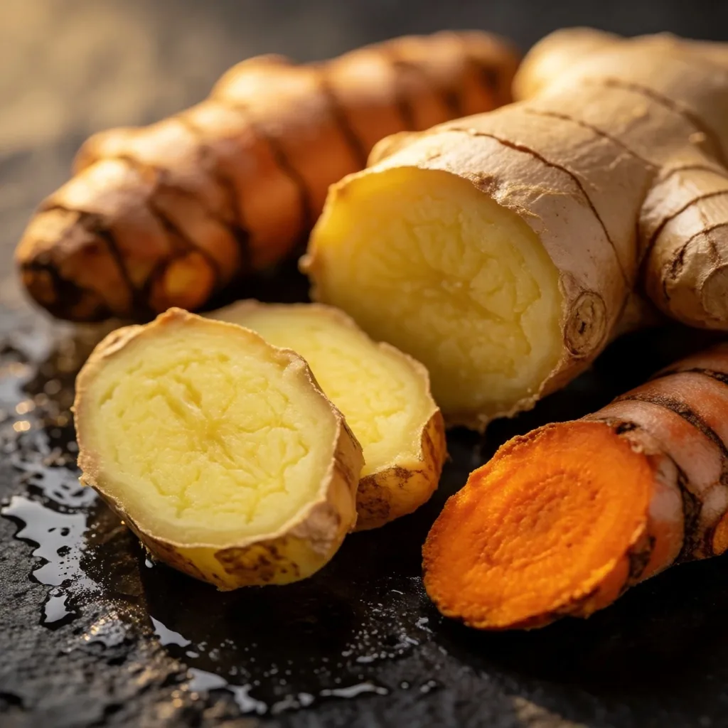 Fresh Indonesian ginger and turmeric roots on dark stone