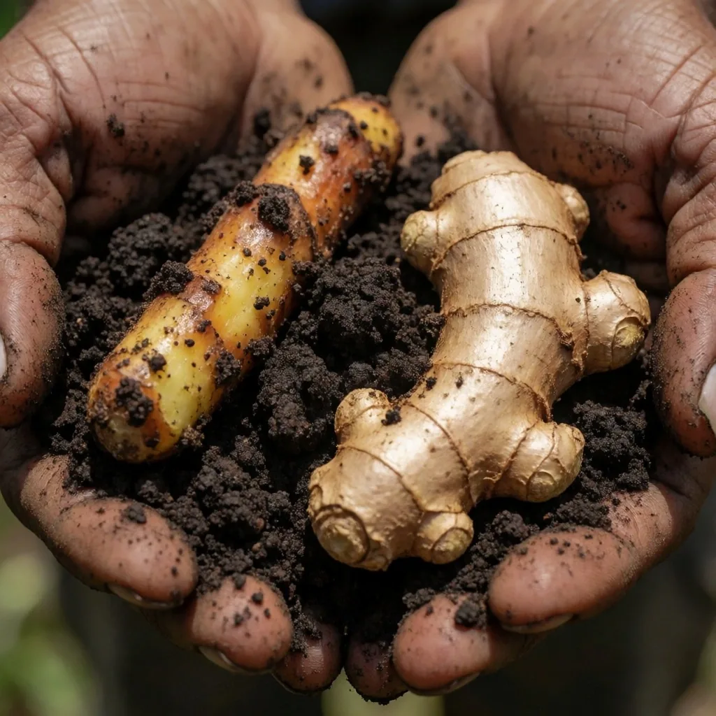 Freshly harvested botanical roots in dark volcanic soil