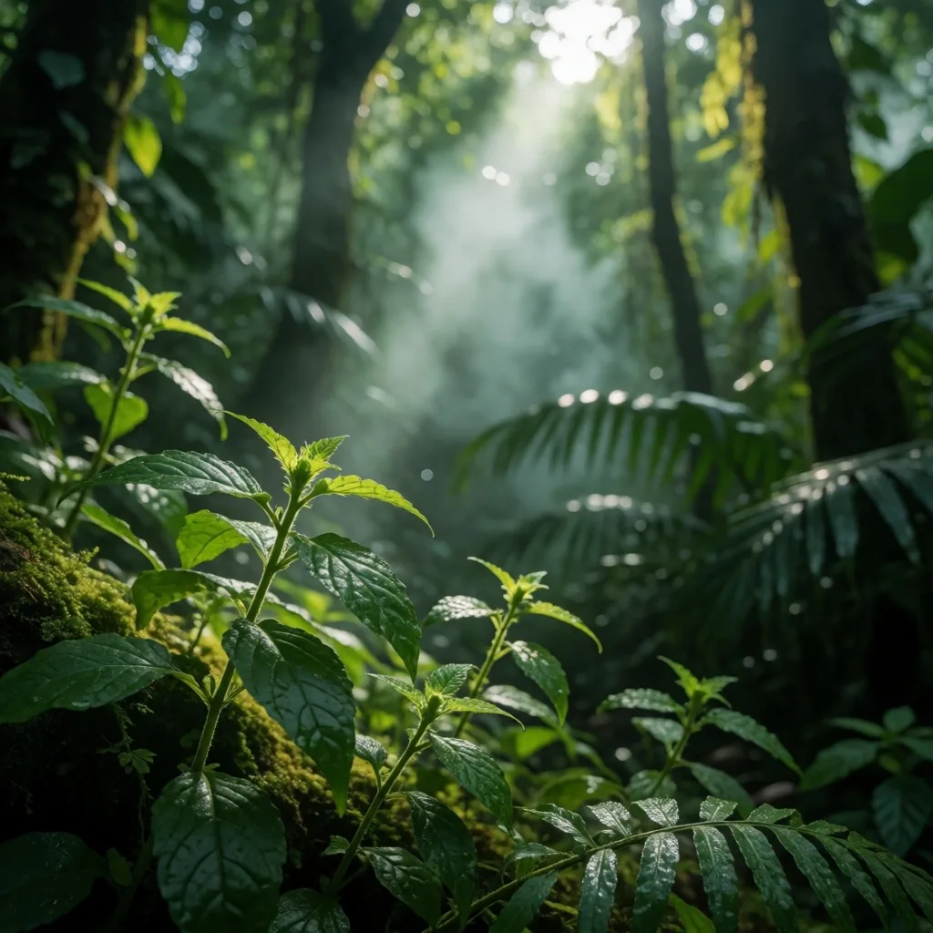Indonesian tropical rainforest with filtered sunlight