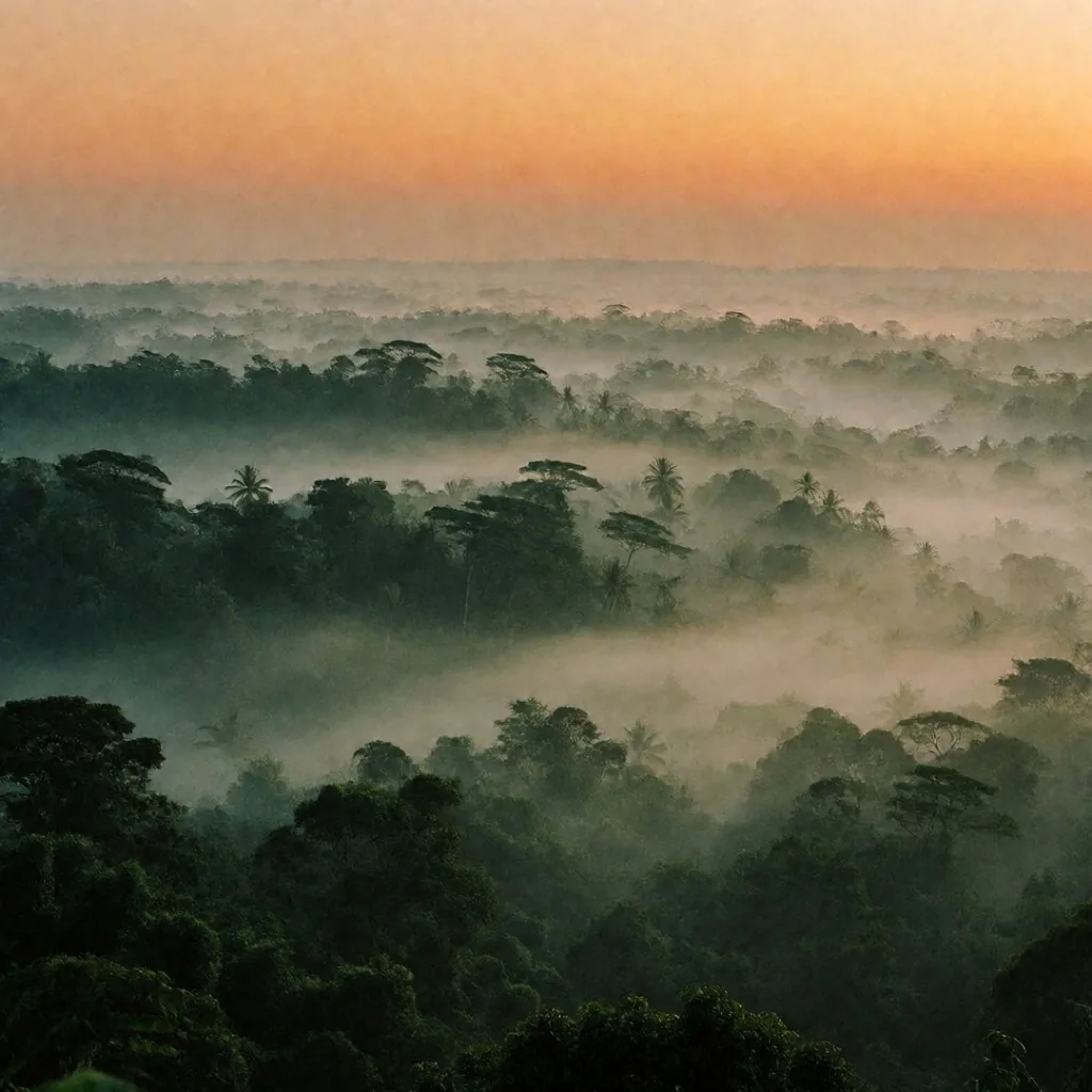 Misty tropical mountain sunrise at dawn in Indonesia