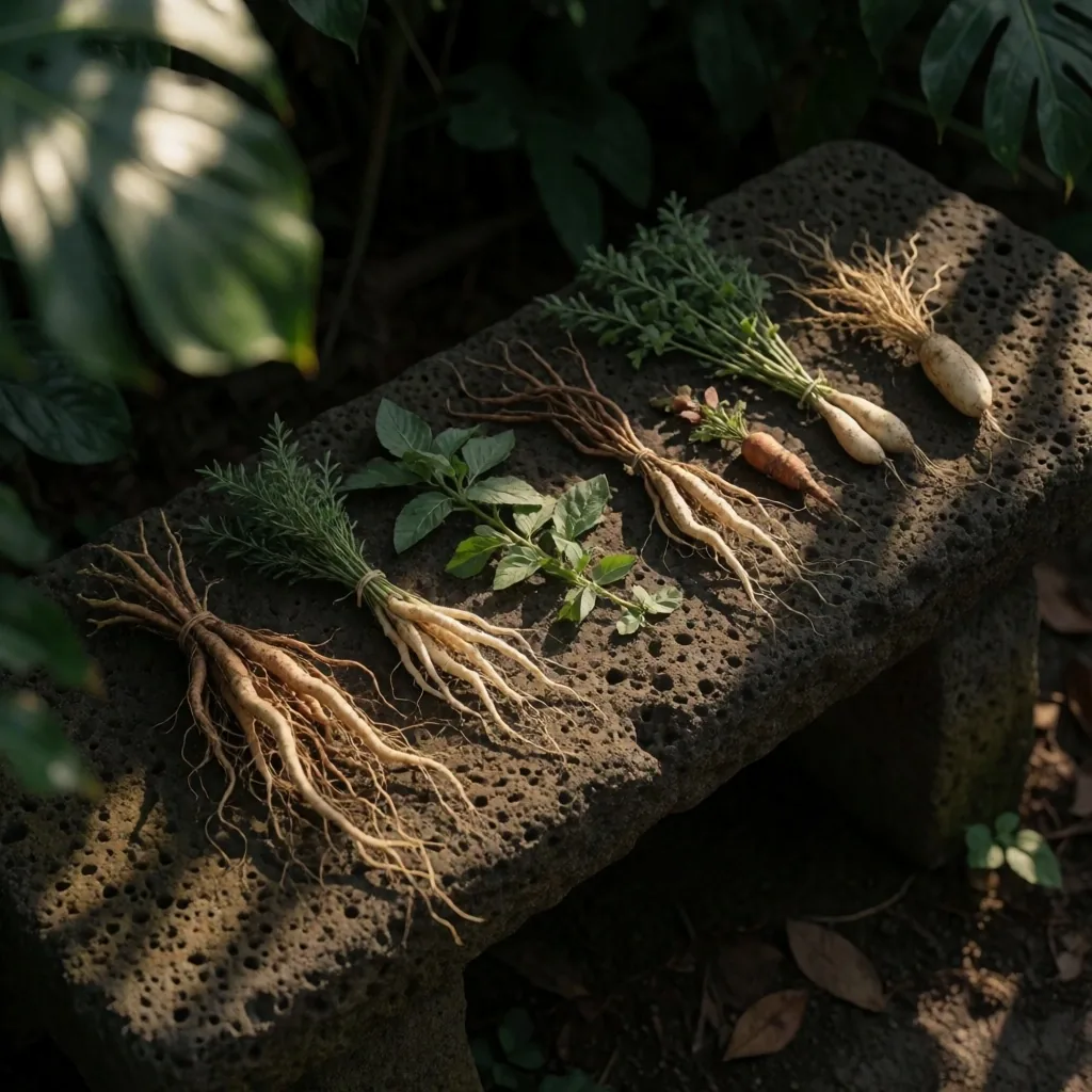 Fresh Indonesian botanical roots on dark surface