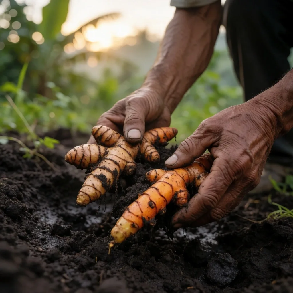 Harvested Indonesian botanical roots in volcanic soil