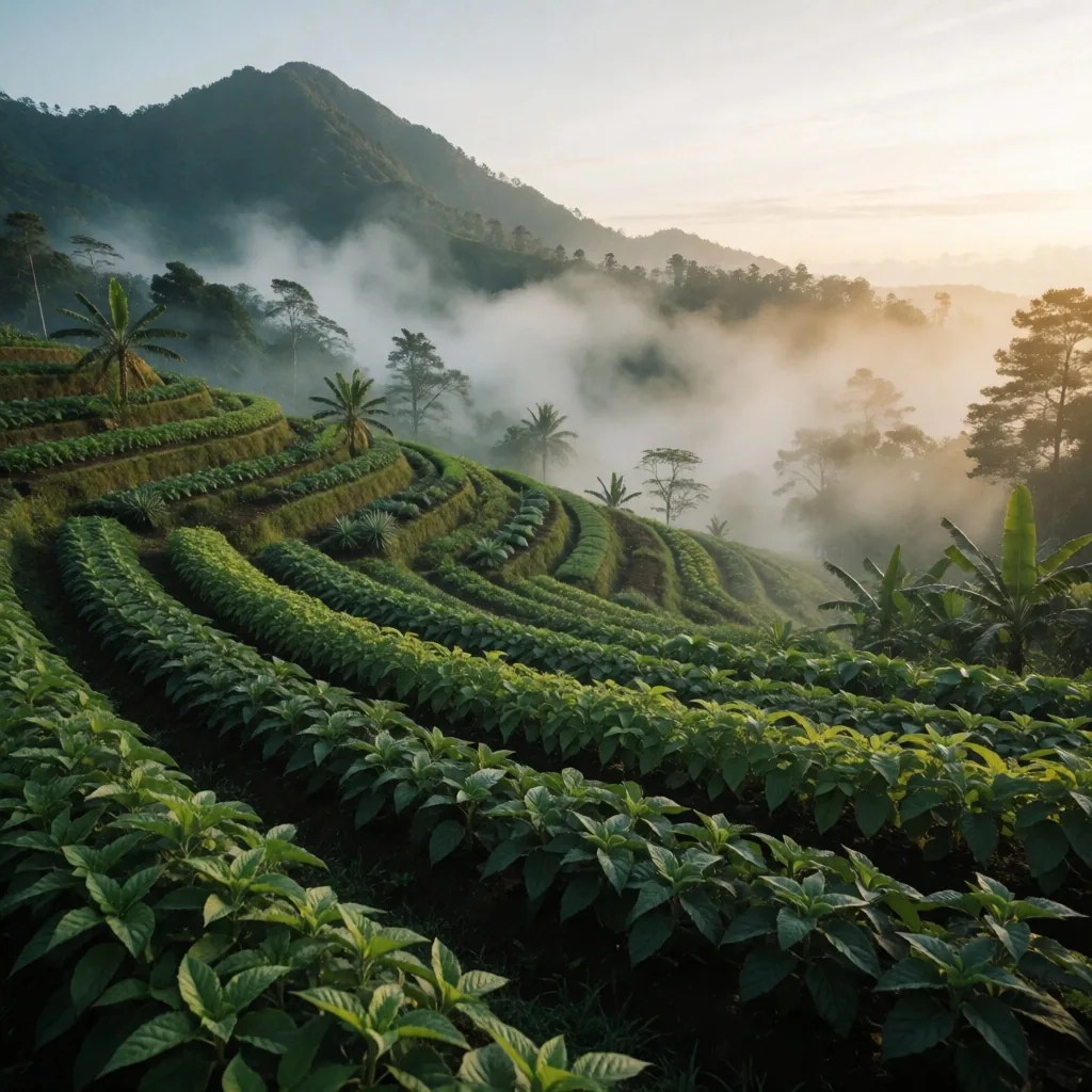 Indonesian mountain herb farm at sunset