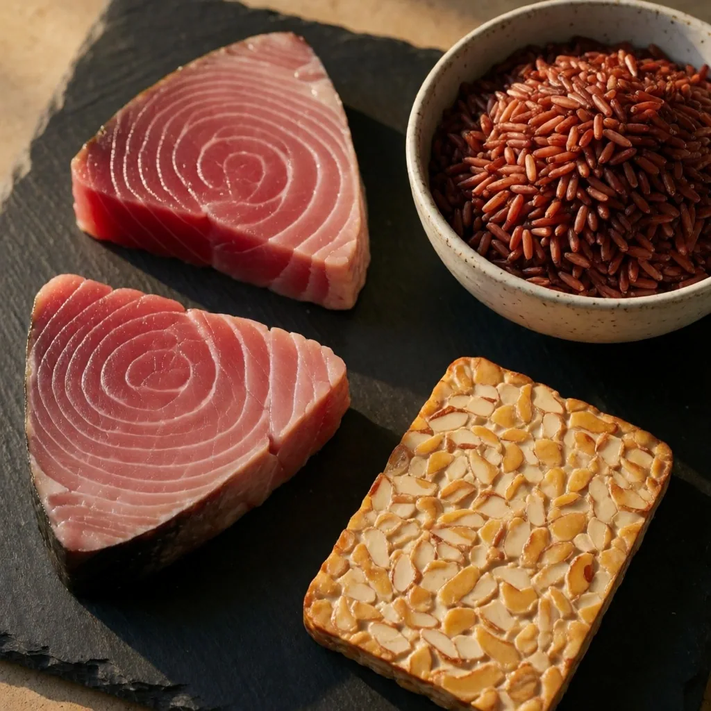 Lean protein sources and whole grains on a dark surface
