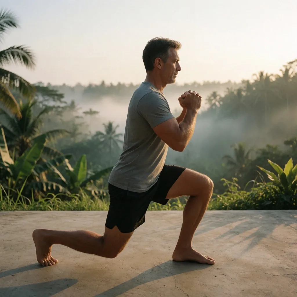 Man exercising outdoors at dawn overlooking a tropical valley