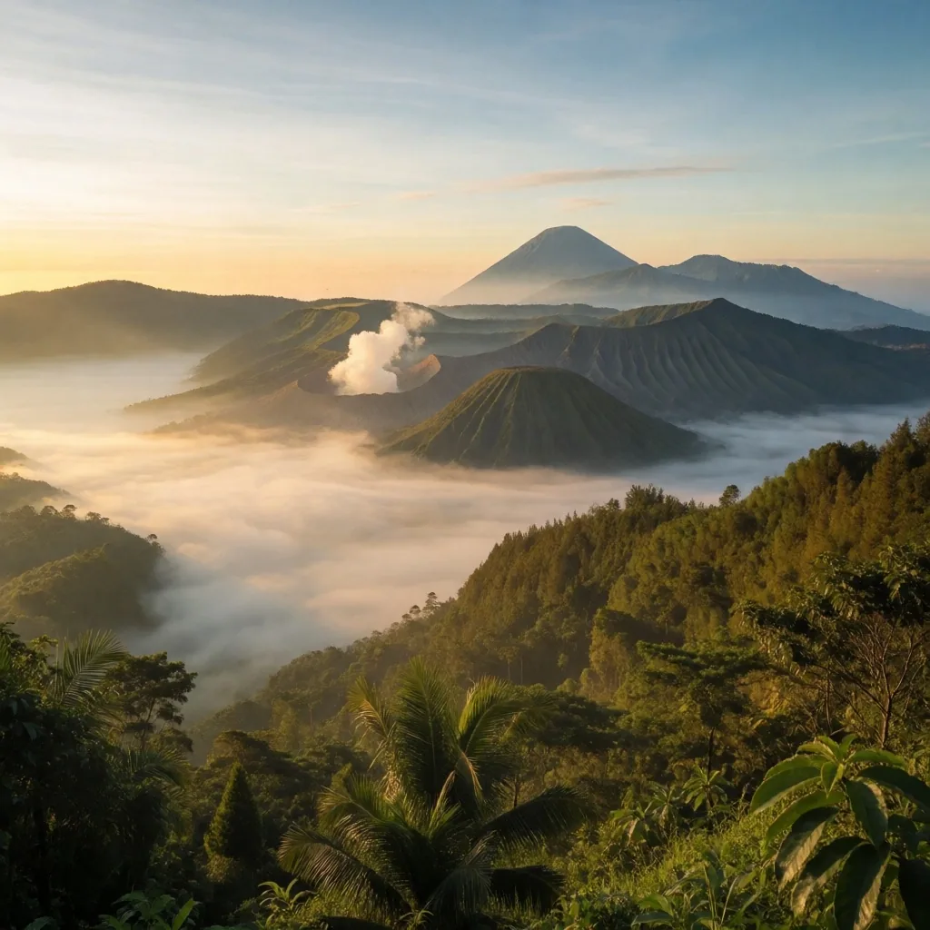Misty tropical mountain sunrise at dawn